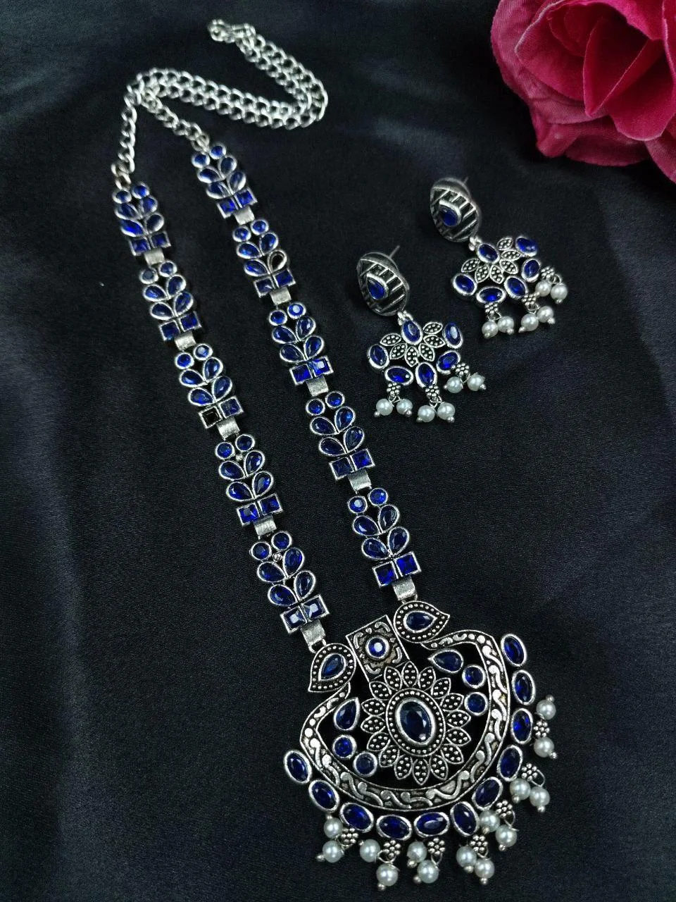 Oxidised Peacock Long Necklace Set with Stone Chain