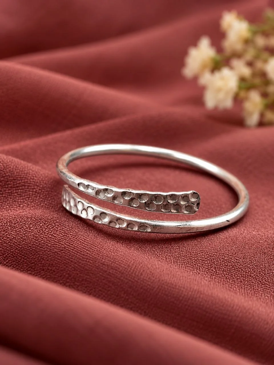 Dimpled Hammered Silver Wrap Cuff with Overlapping Ends – view 2