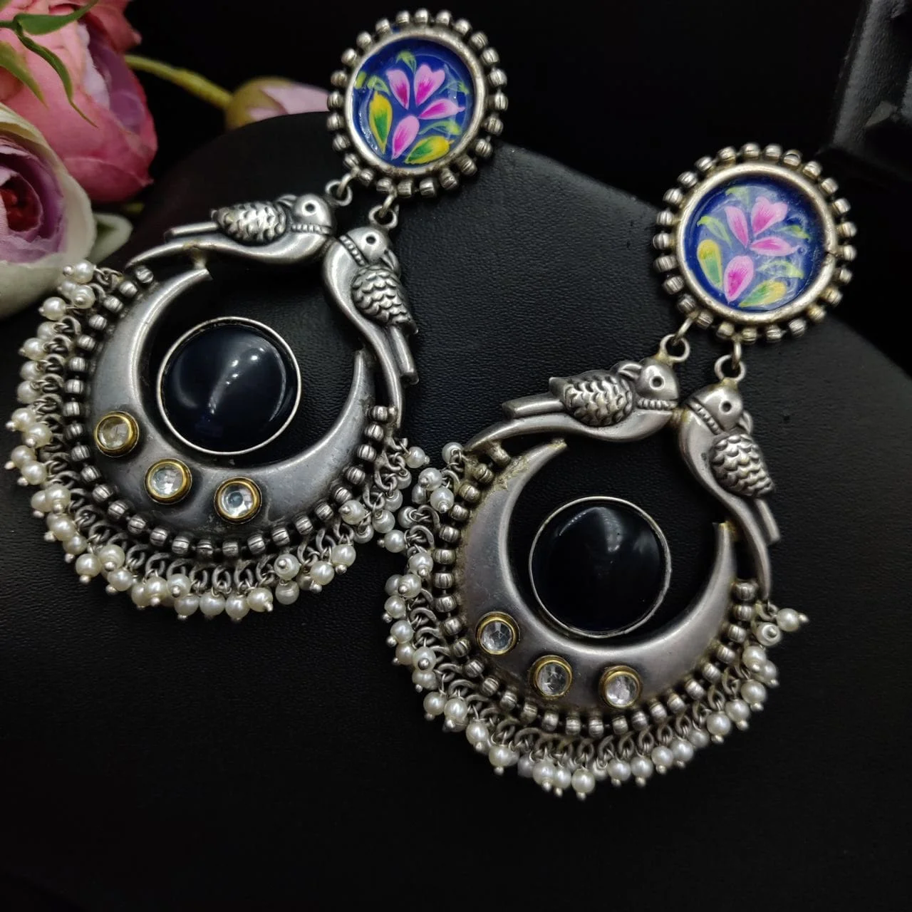 Hand-Painted Stud Chandbali Earrings with Twin Birds and Pearl Rows