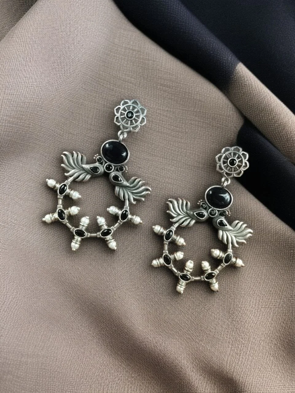 Oxidised Peacock Head Hoop Earrings with Stones and Pearls