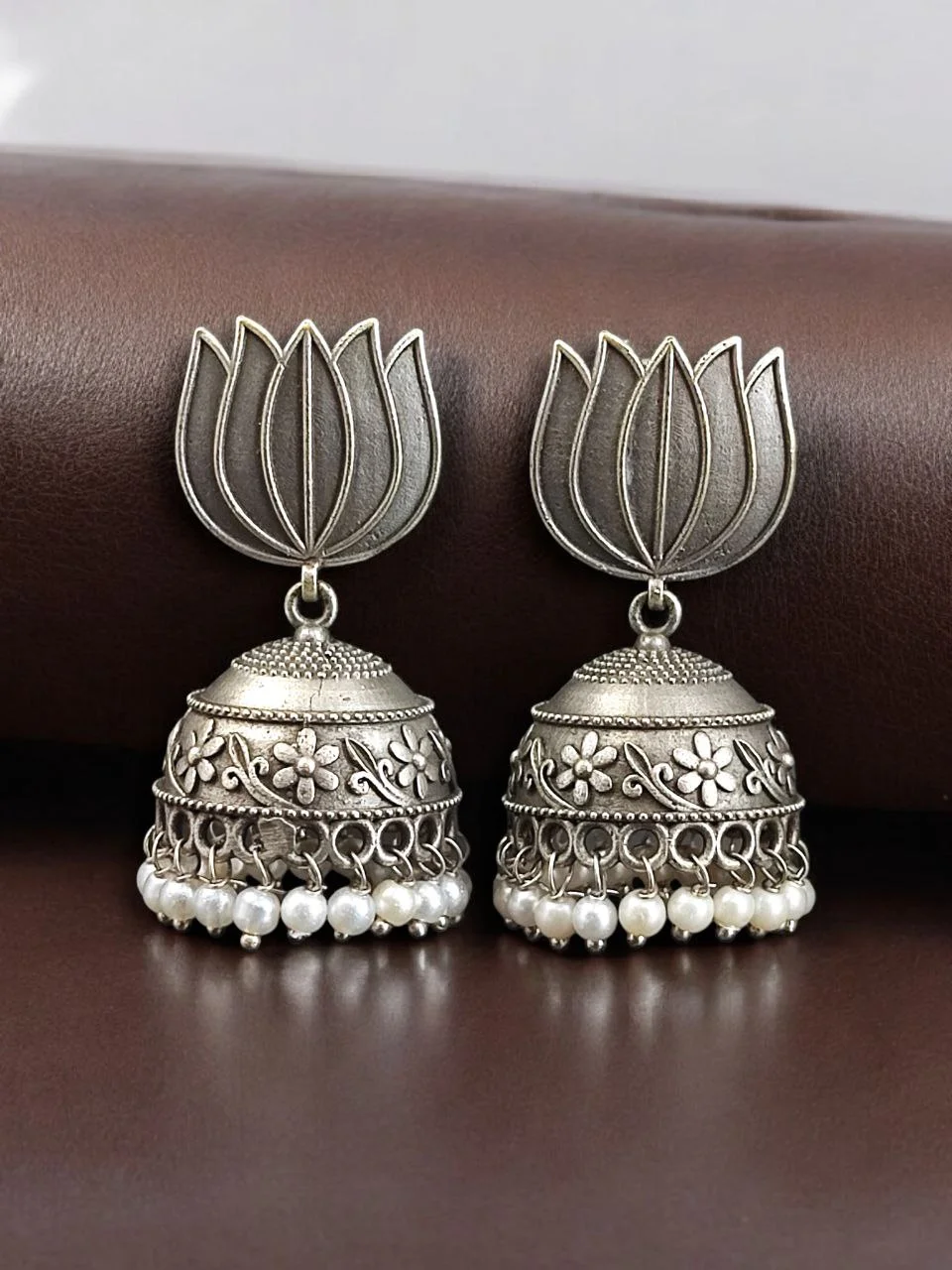 Oxidised Lotus Stud Jhumki Earrings with Pearl Fringe – view 3