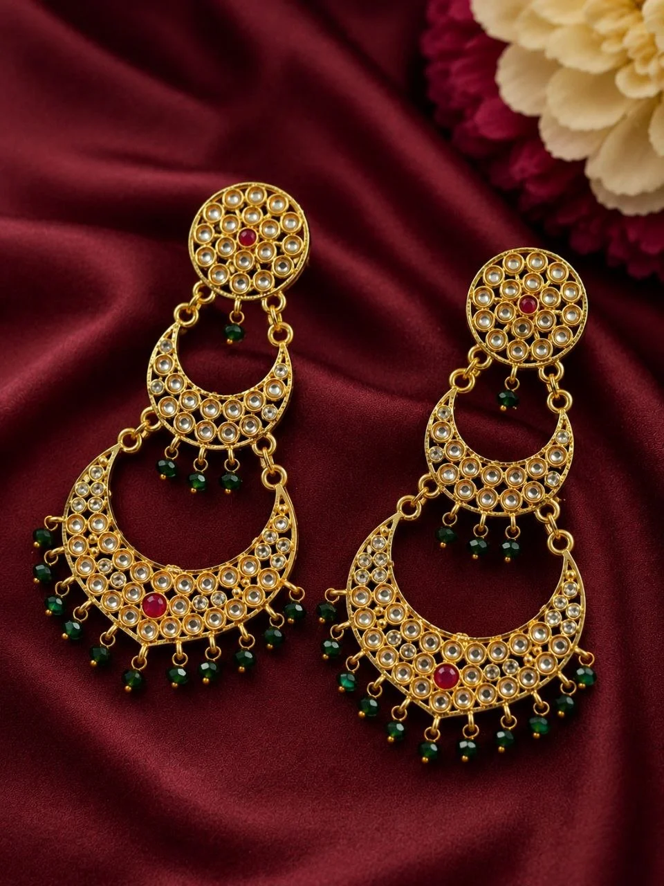 Double Tier Kundan Chandbali with Bead Drops