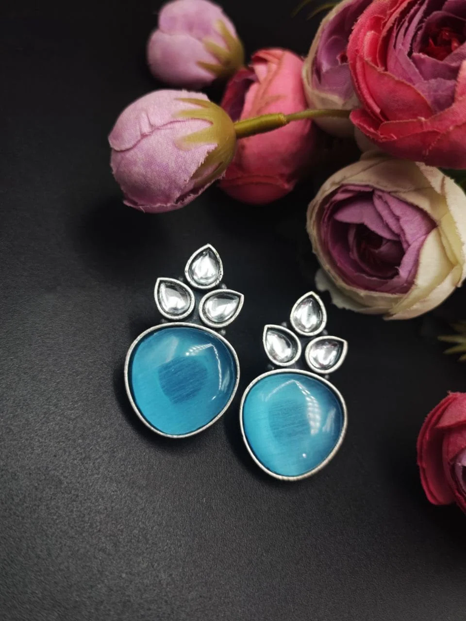 Oxidised Large Stone Stud Earrings with Trefoil Top