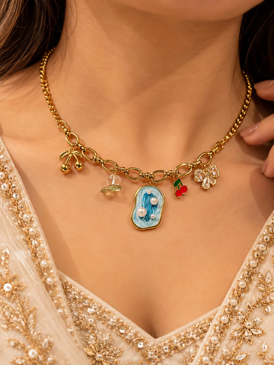 Anti-Tarnish Gold-Tone Charm Necklace with Blue Enamel, Cherry & Clover Charms