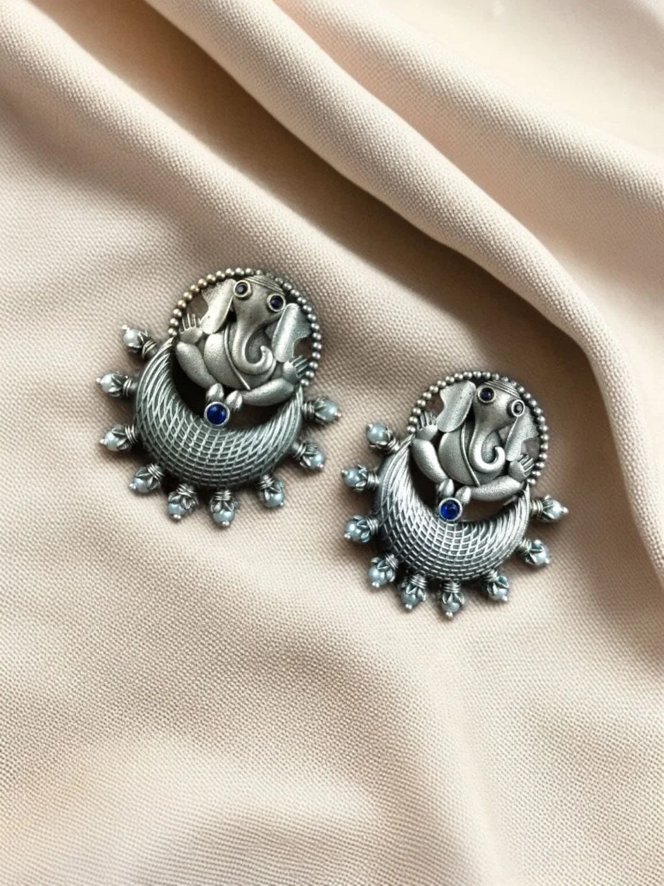 Oxidised Ganesha Stud Earrings with Chandbali Crescent