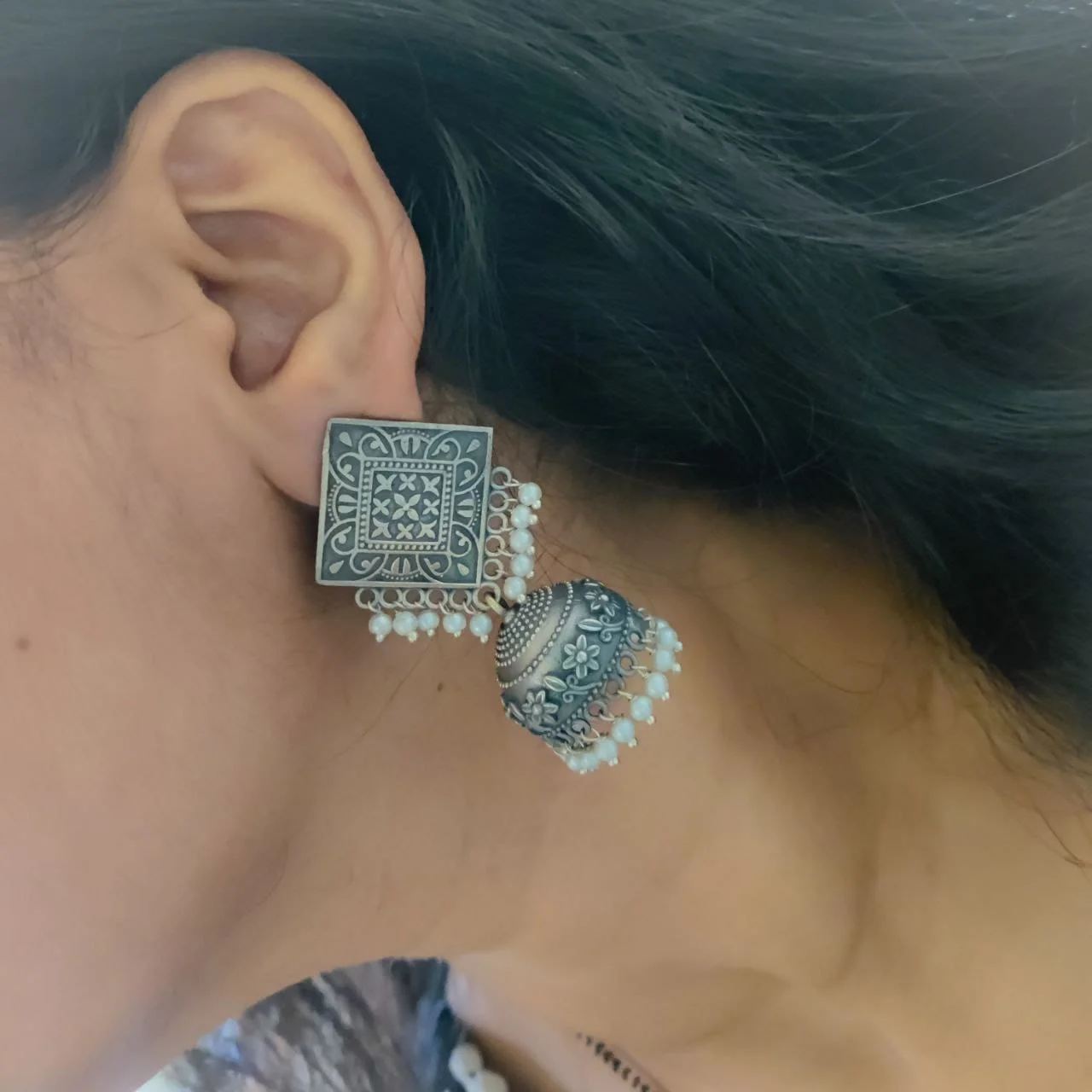 Oxidised Square Mandala Stud Jhumka with Floral Dome and Pearl Fringe