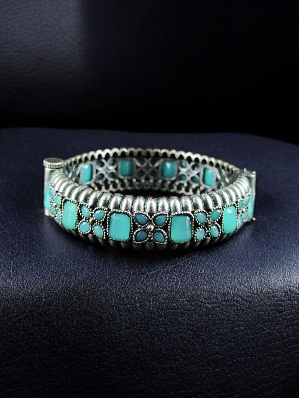 Oxidised Floral Kada with Cabochon Centre