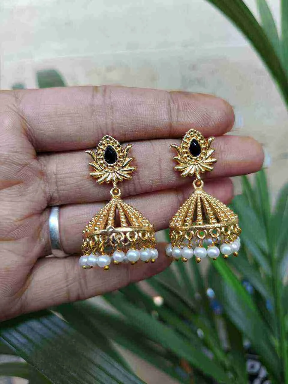 Small Lotus Bud Jhumka in Plain Gold – view 3