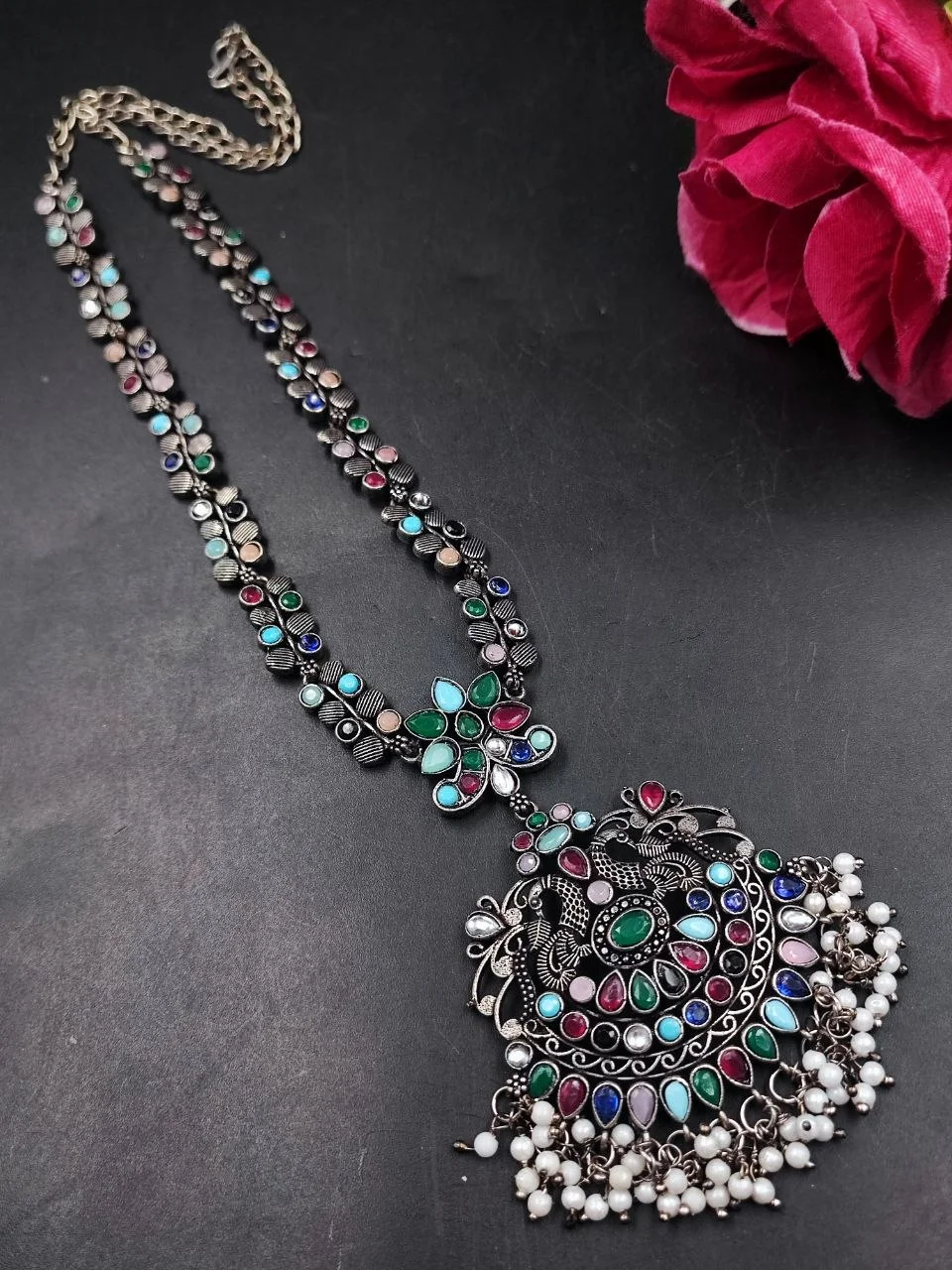 Oxidised Multicolour Stone Necklace with Peacock Pendant