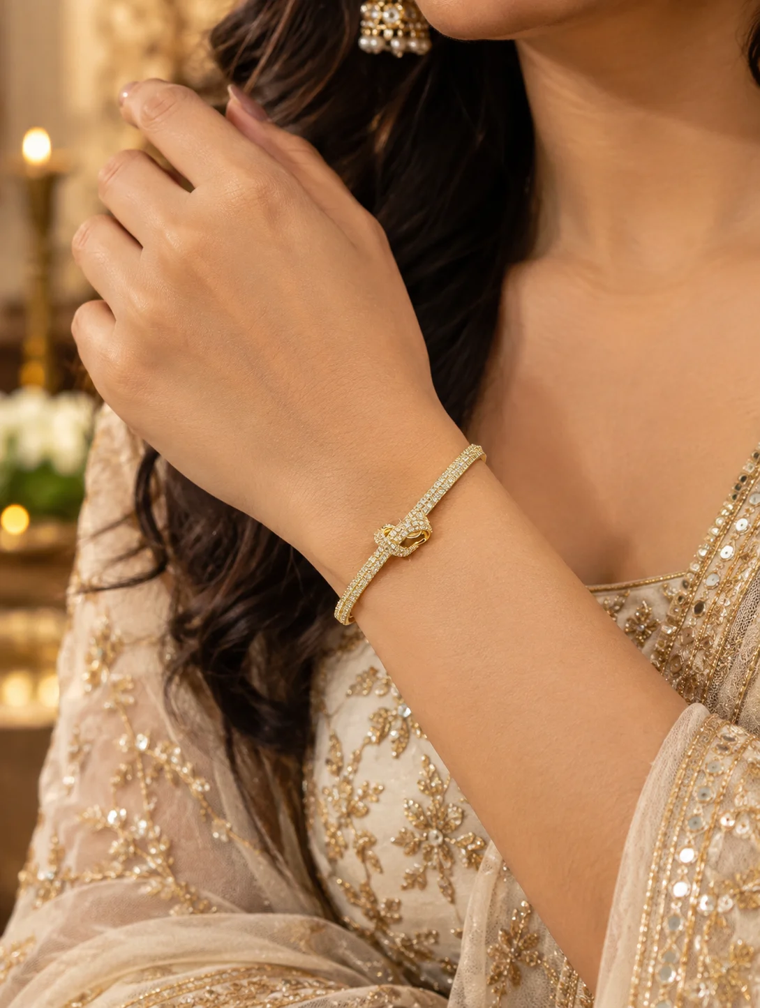 Anti Tarnish Buckle Loop Bangle with Stone Band