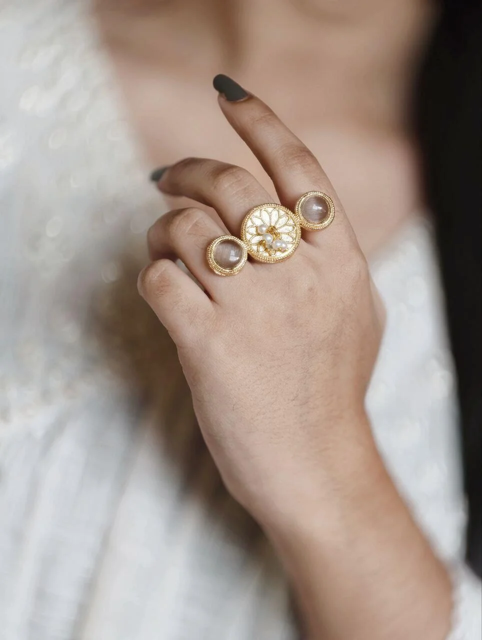 Gold Two Finger Ring with Pink Stones – view 4