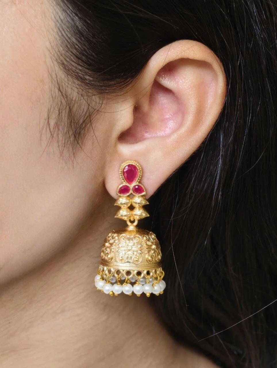 Ruby Red Floral Stud Jhumka with Wide Bell