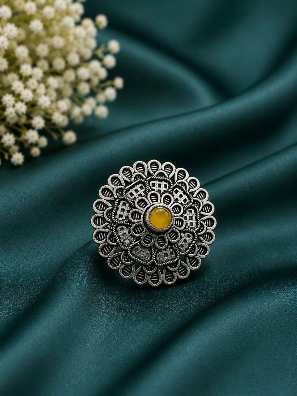Oxidised Scrollwork Ring with Blue Centre – view 3