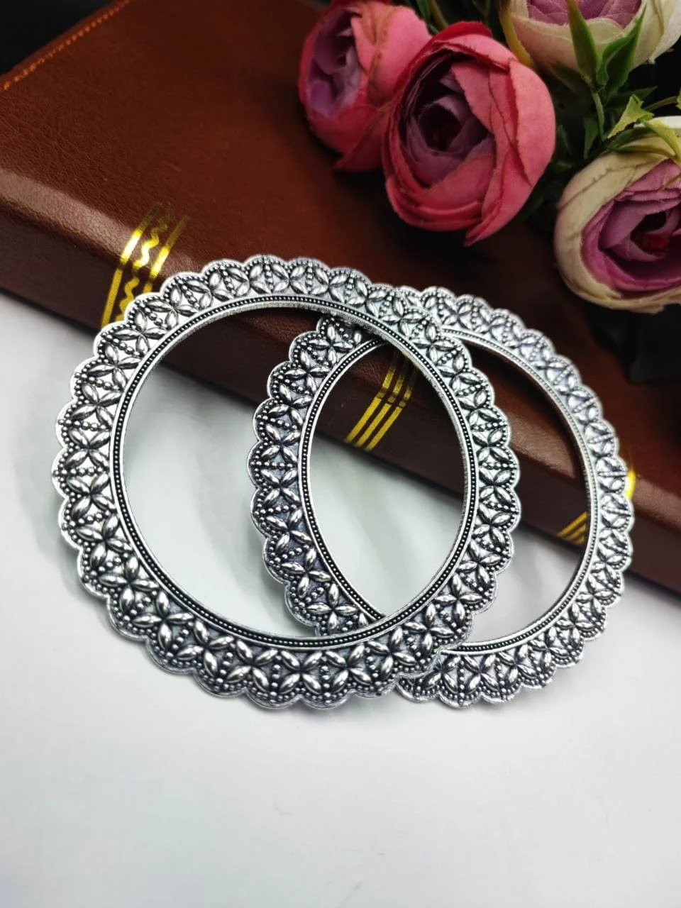 Oxidised Openwork Lace Floral Bangle