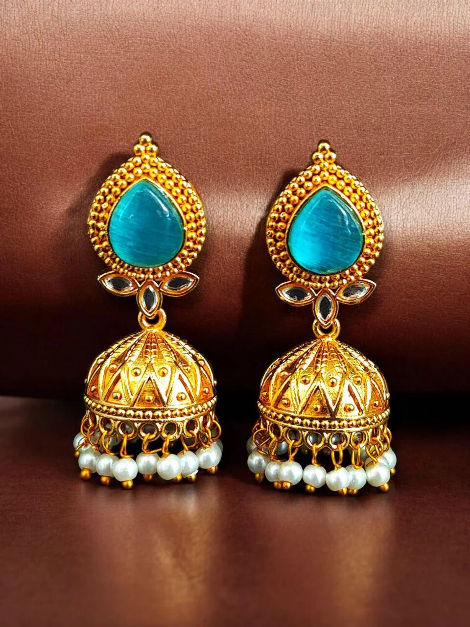 Mint Teardrop Jhumka with Leaf Accents – view 4