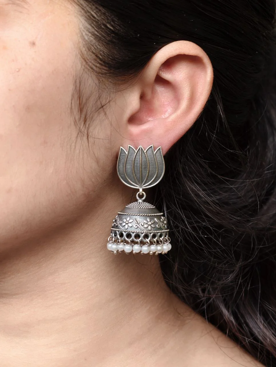 Oxidised Lotus Stud Jhumki Earrings with Pearl Fringe