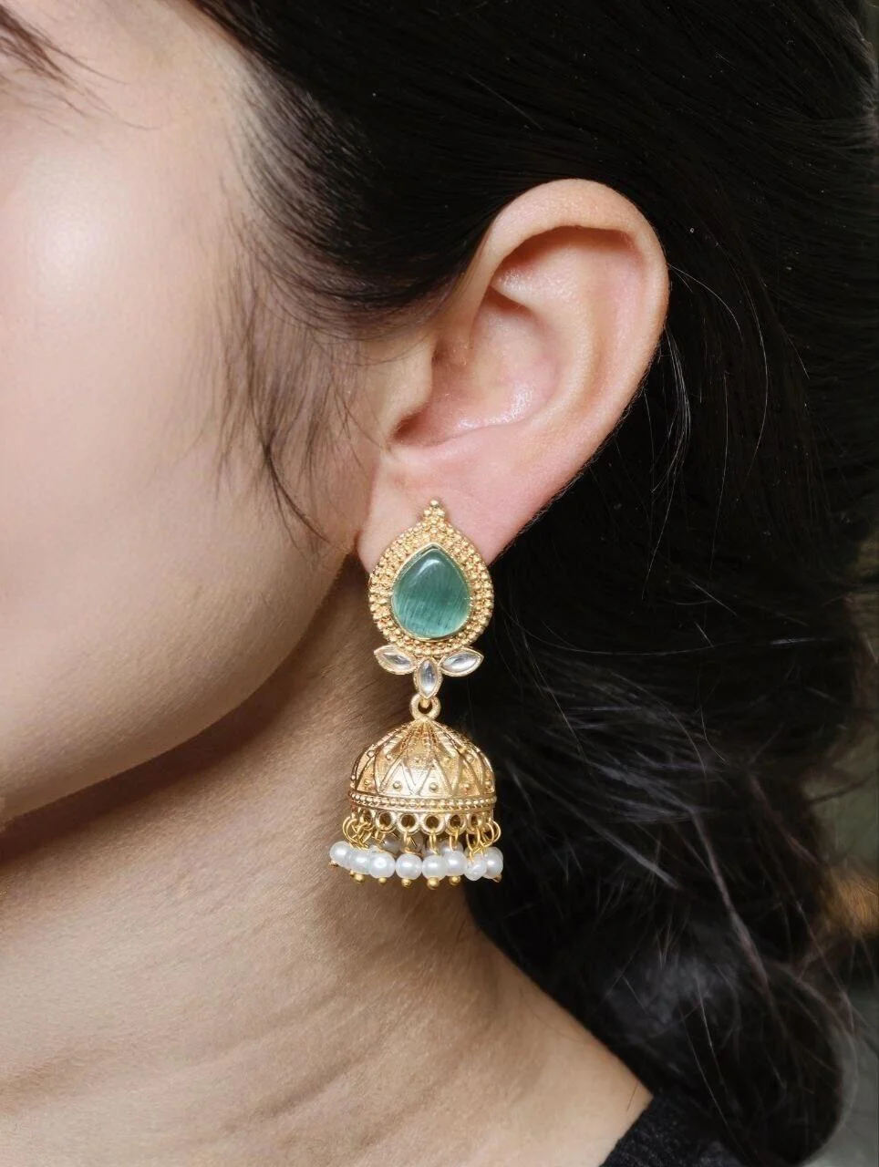 Mint Teardrop Jhumka with Leaf Accents