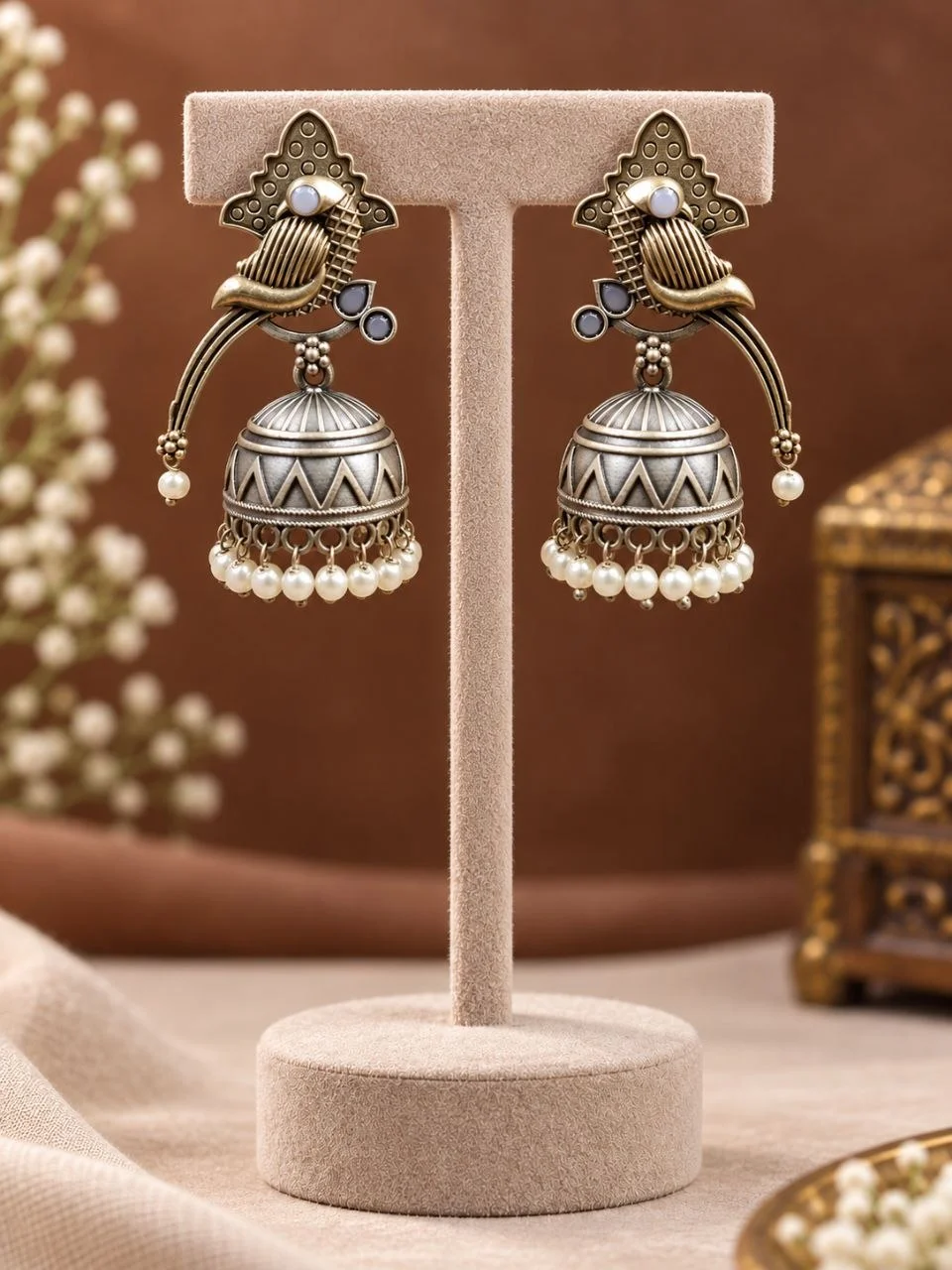 Two-Tone Peacock Jhumka Earrings with Engraved Bell and Pearl Fringe