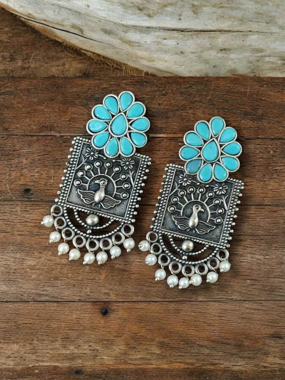 Oxidised Peacock Panel Earrings with Stone Flower Stud and Pearl Arch