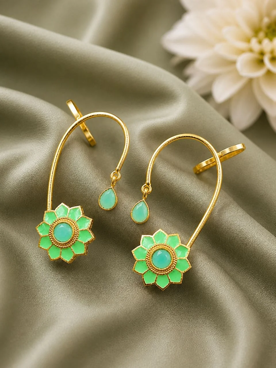 Floral Ear Cuff with Hanging Stone Drops