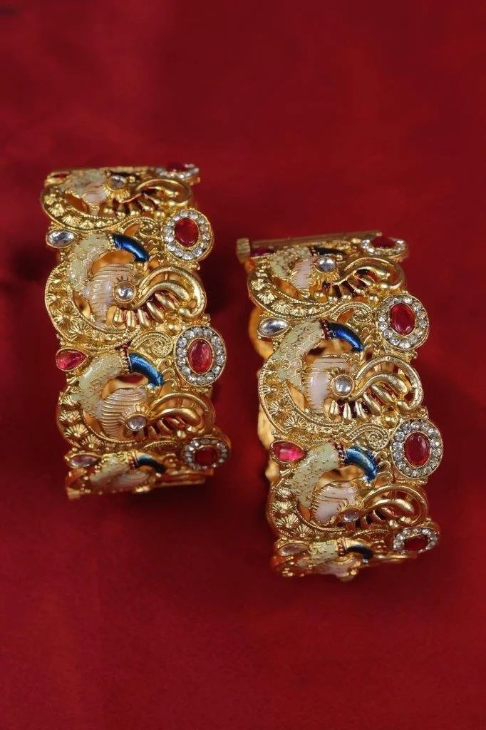 Gold Peacock Kada Set of Two with Enamel Detail