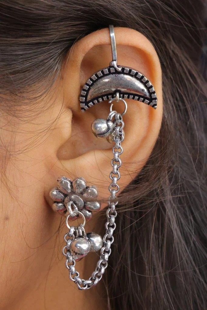 Oxidised Ear Cuff and Stud Set Joined by Chain