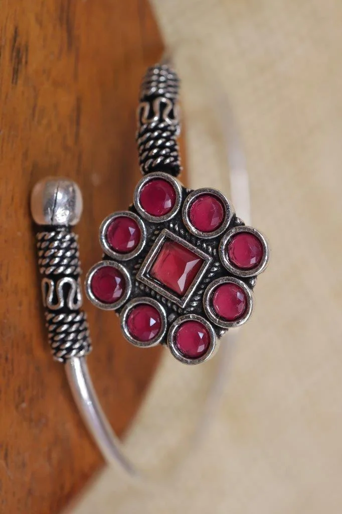 Oxidised Pink Stone Flower Adjustable Kada