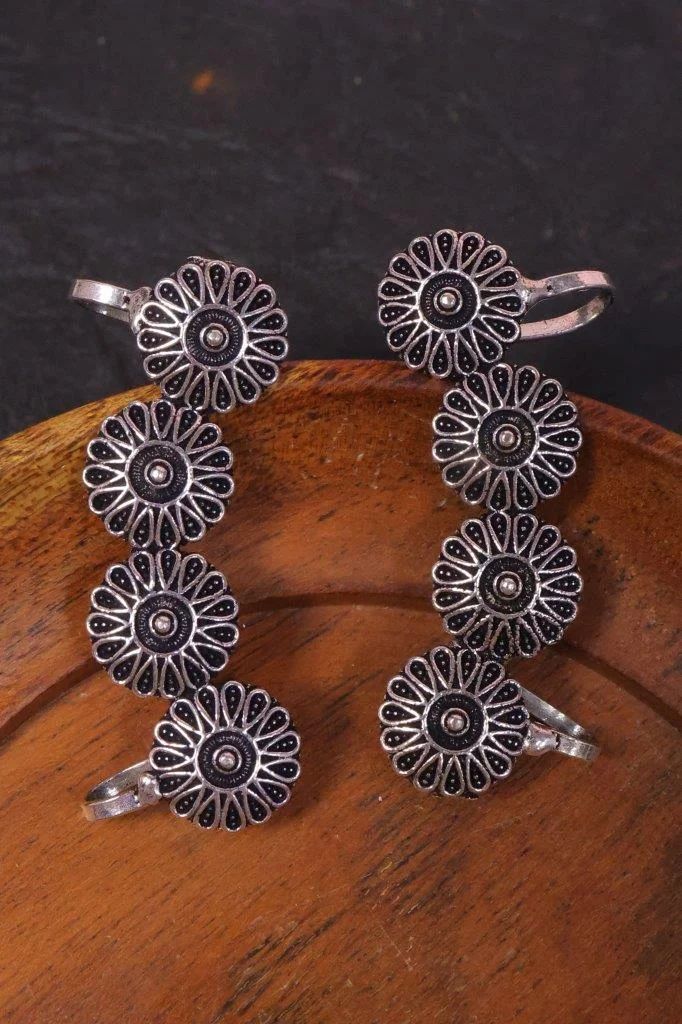 Sunflower Disc Ear Cuff Pair in Oxidised Silver