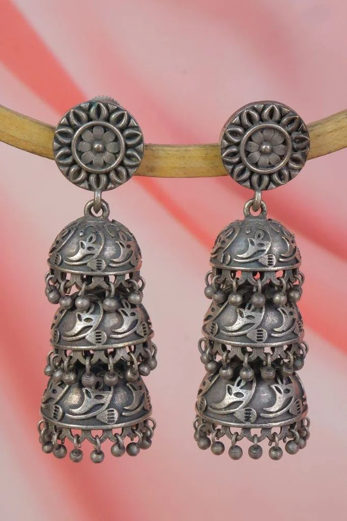 Three Tier Oxidised Jhumka Earrings with Bird Motifs