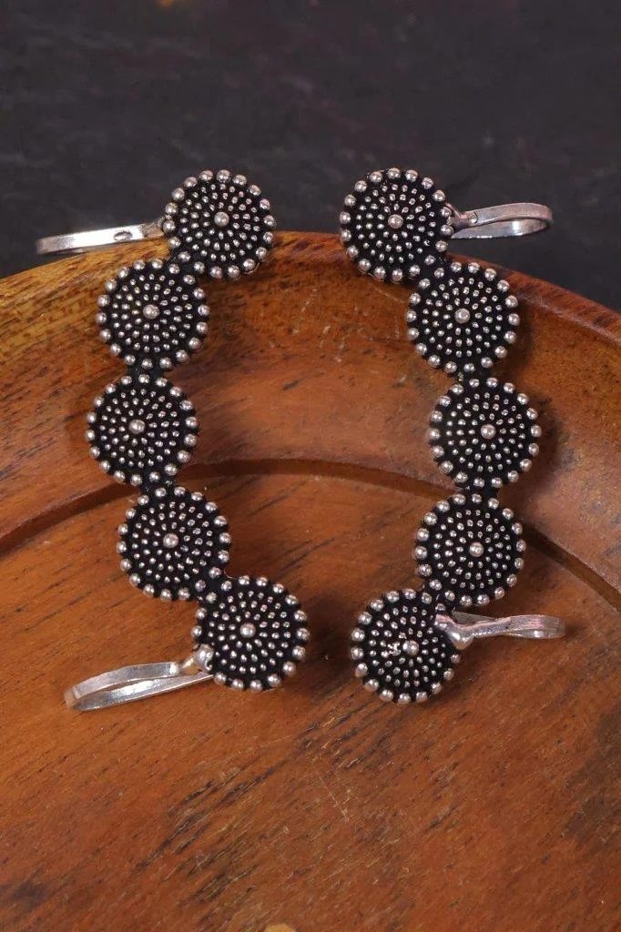 Five Disc Floral Ear Cuff Pair in Oxidised Silver
