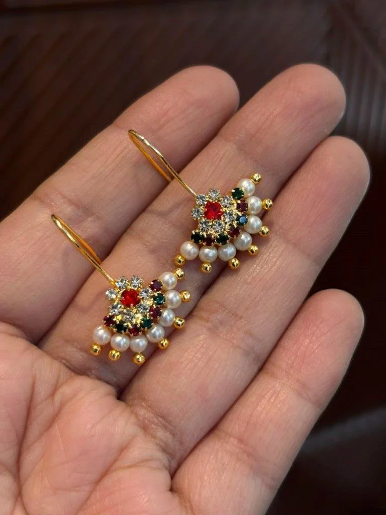 Red and Green Stone Kite Bugadi Earrings with Pearl Border