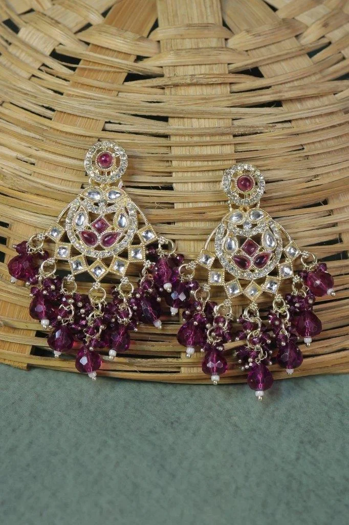 White Kundan Fan Earrings with Magenta Bead Fringe