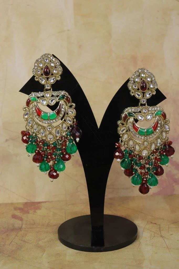 Kundan Chandbali Earrings with Two Tone Bead Fringe
