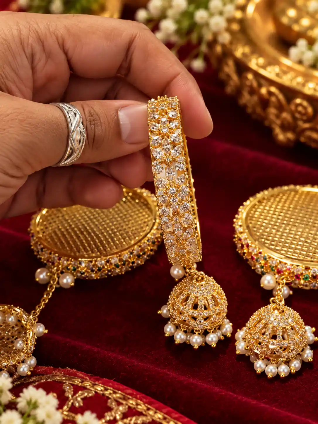Brass Karwa Chauth Chhalani for Radha Krishna with Pearl Drops – view 2