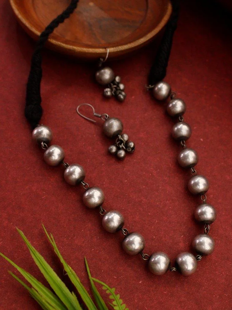 Oxidised Silver Ball Choker Set with Ghungroo Earrings