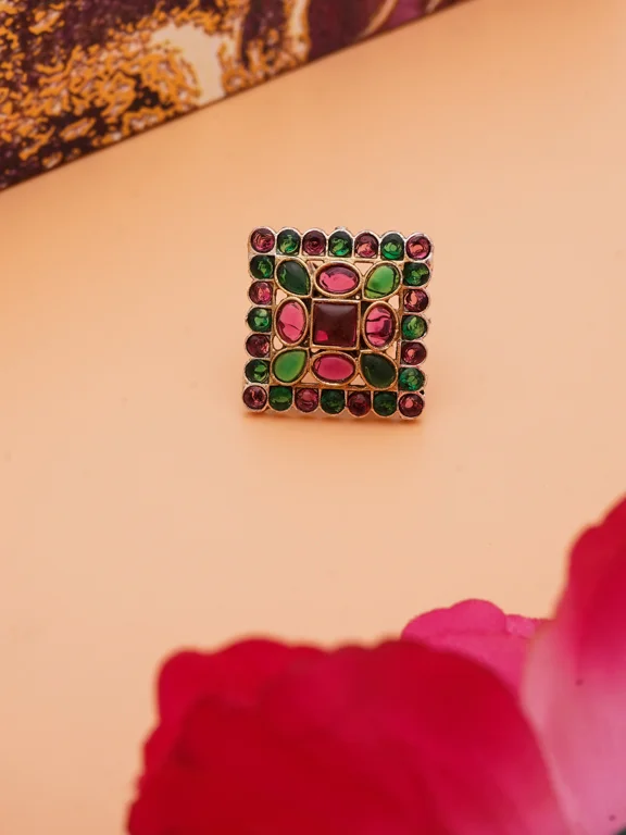 Square Navratna Ring with Red and Green Stones