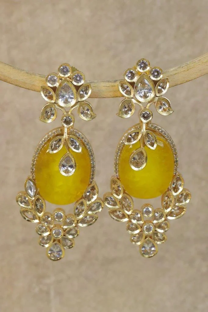 Russian Doublet Stone Drop Earrings with AD Petal Stud and Leaf Cluster – Green
