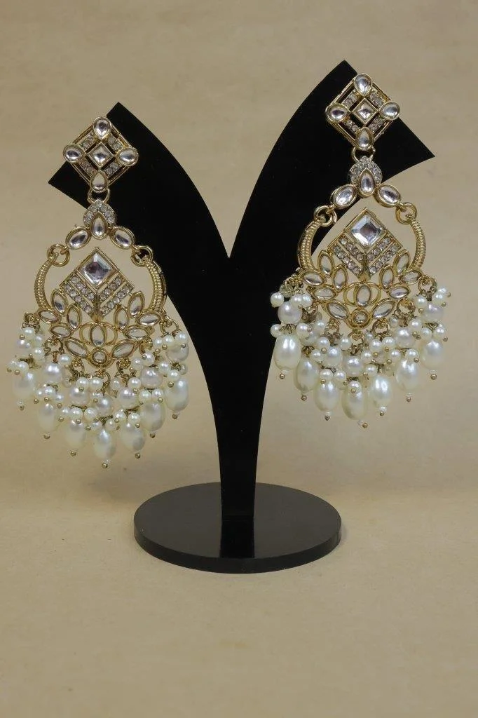 Clear Kundan Chandbali Earrings with Pearl Drop Fringe