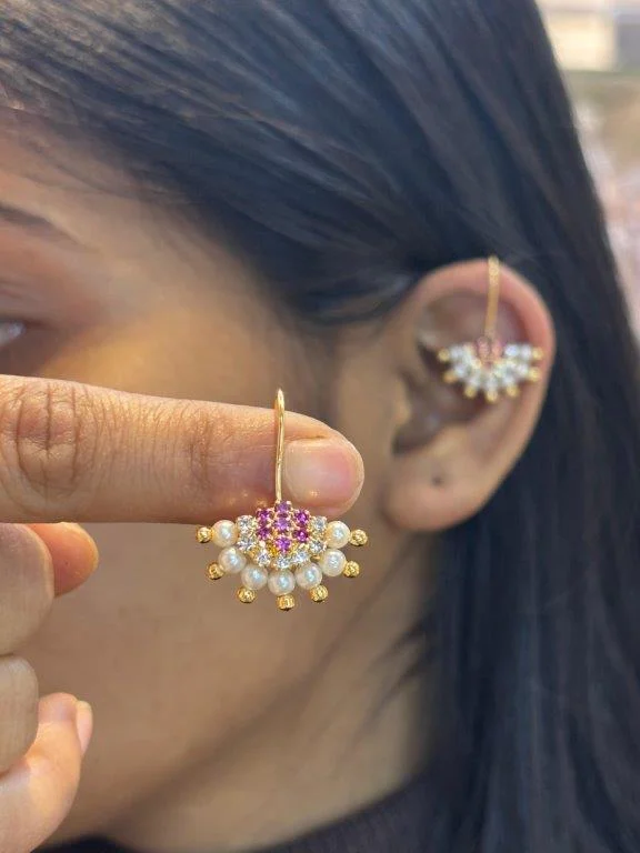 Pink and White Stone Bugadi Earrings with Deep Pearl Fringe