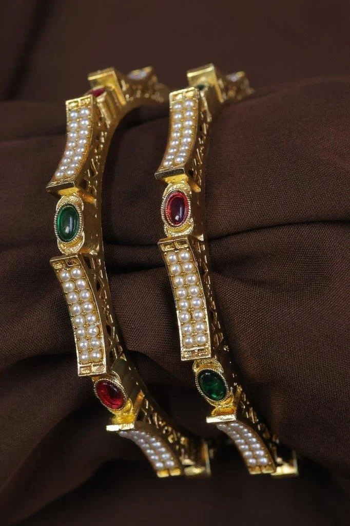 Gold Pearl Panel Kada Set of Two with Stone Cabochons