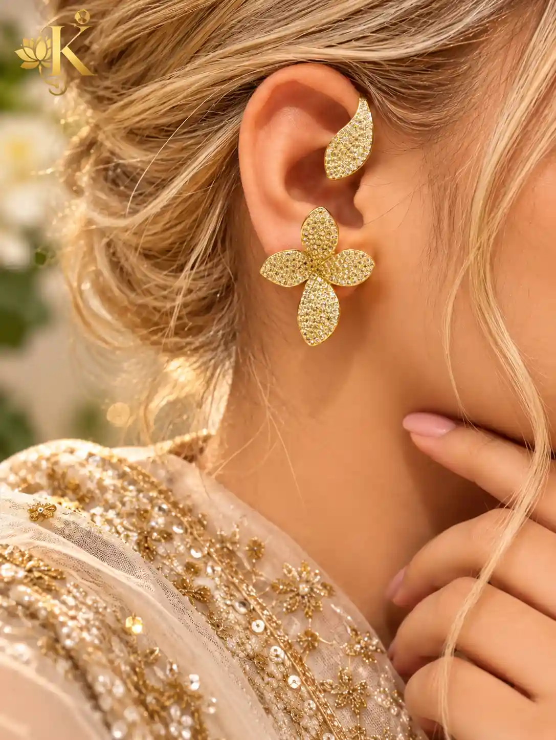 Anti Tarnish Pave Flower Ear Cuff Earring