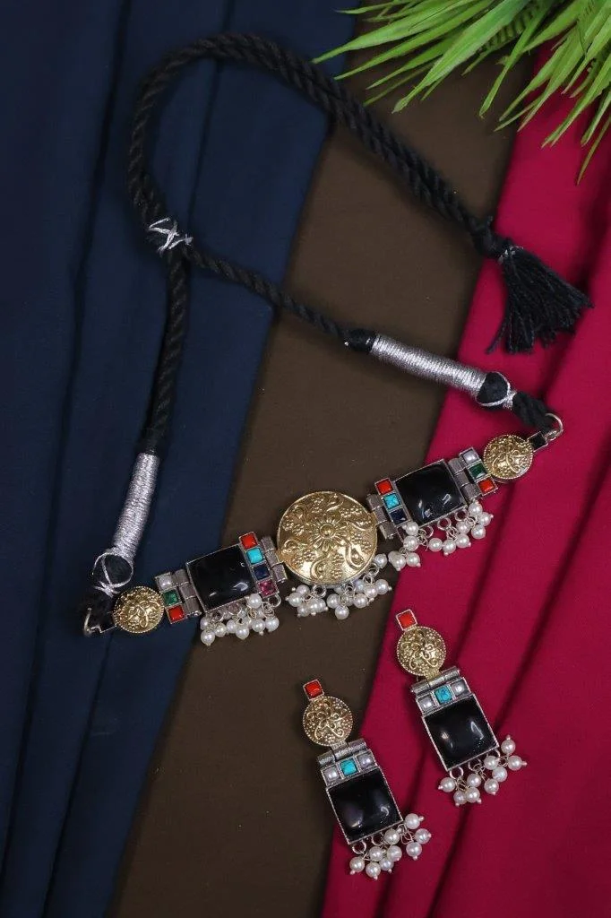 Rosette Disc Choker with Black Stone Panels and Pearl Drops