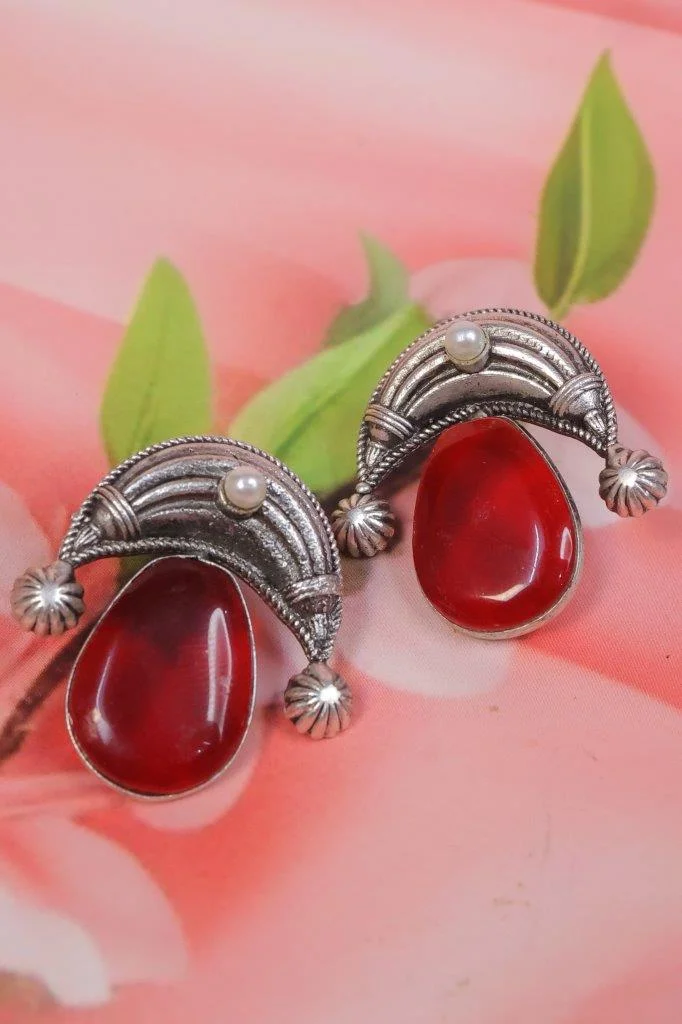 Ruby Teardrop Crescent Stud Earrings in Silver