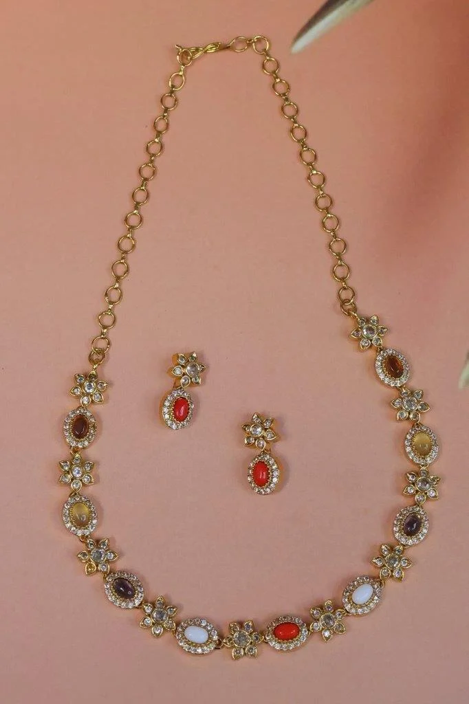 Multi Stone Necklace Set in Gold Tone