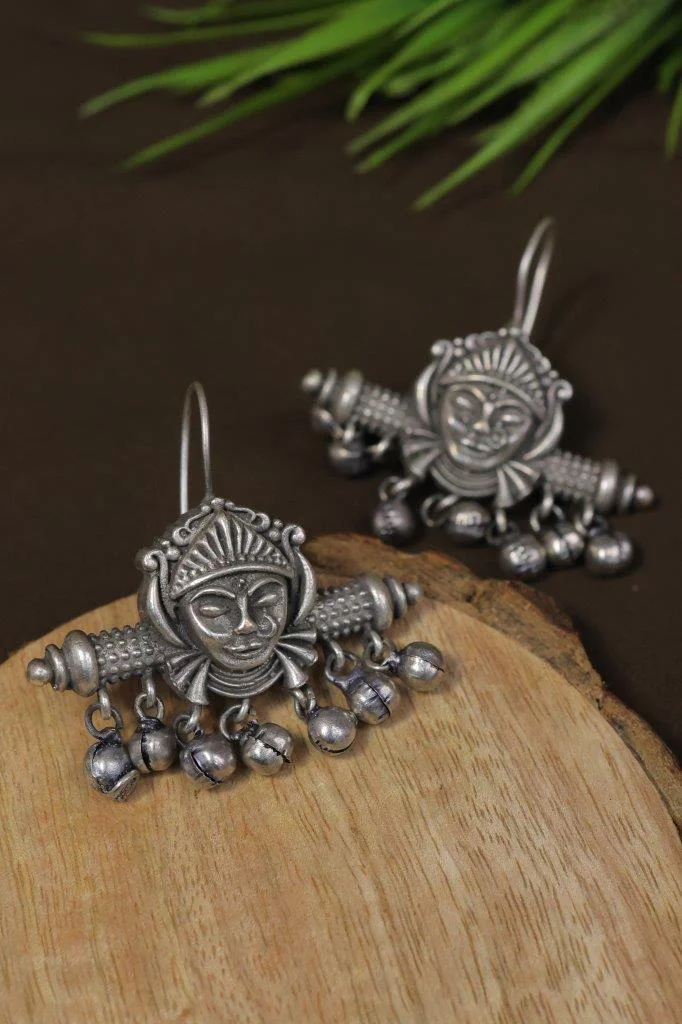 Silver Goddess Face Earrings with Ghungroo Fringe