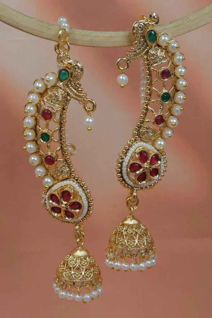 Gold Kundan Paisley Ear Cuff with Pearl Edge and Jhumka