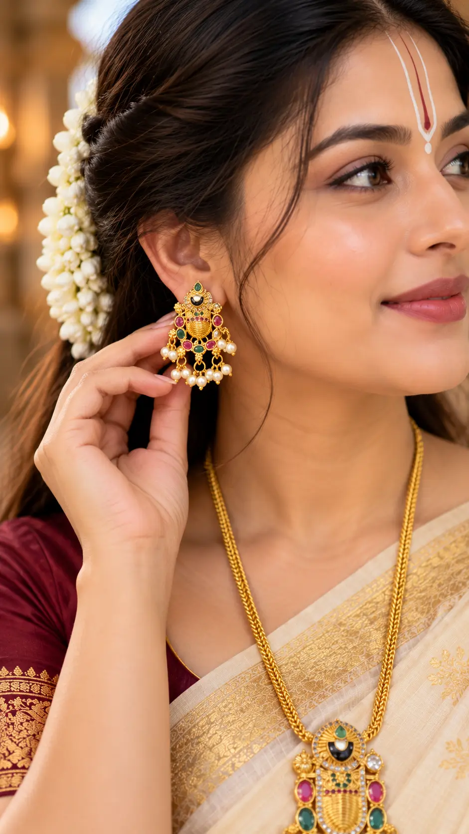 Gold-Tone Tirupati Balaji Necklace Set with Multicolour Stones – view 2
