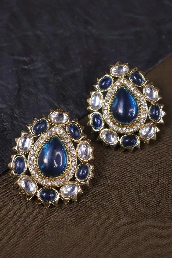 Blue Teardrop Kundan Stud Earrings with Petal Border