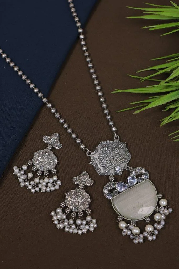 Lotus Plaque Necklace with Half Moon Stone and Pearl Fringe