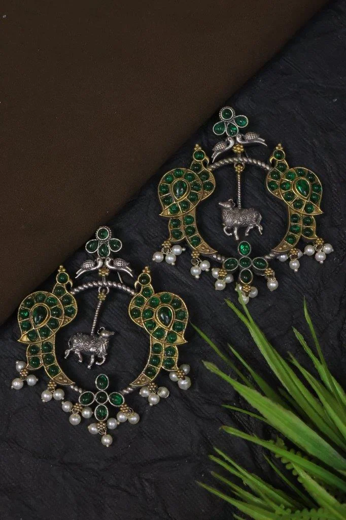 Green Kundan Chandbali with Cow Motif and Peacock Tips